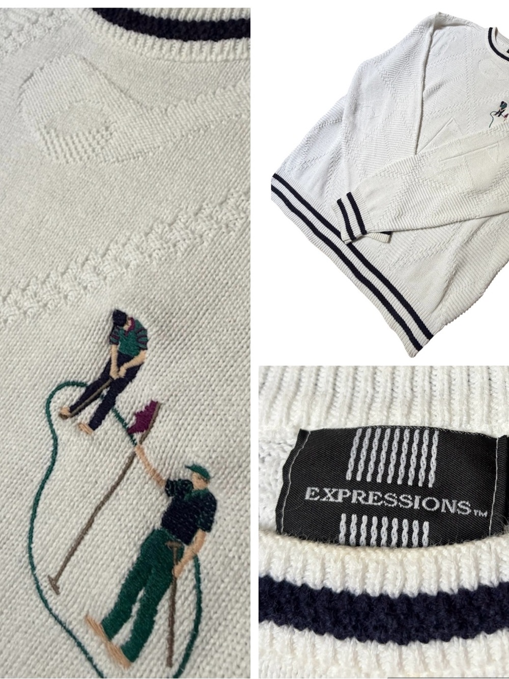Rare Expressions White Crewneck Sweater  Navy Stripe and Embroidered Golf Motif